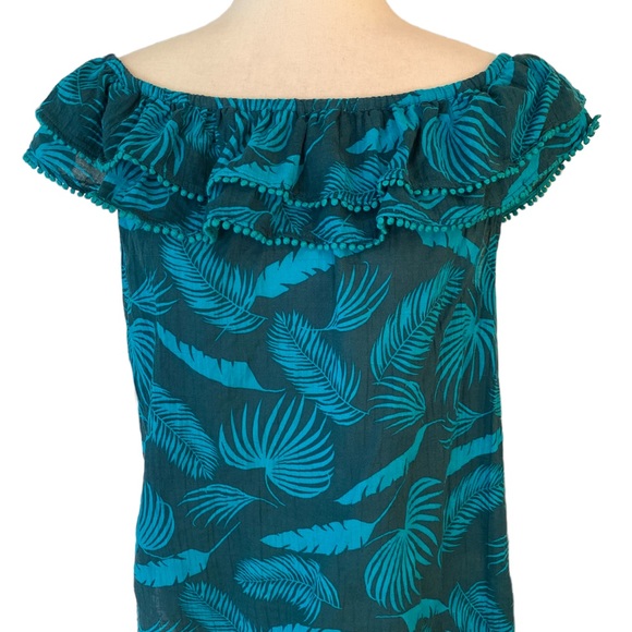 Boden Hettie Double Ruffle Pompom Top in Woodland Green Jungle Palm - 10 - Picture 5 of 15